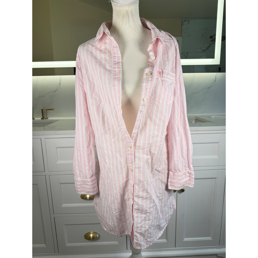 Victorias Secret Sleep Shirt Womens S Pink Cotton Striped Metallic Boyfriend Fit - Picture 2 of 13